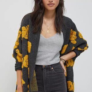 Anthropologie Pilcro Rosetta Gray and Yellow Floral Cardigan Oversized O/S